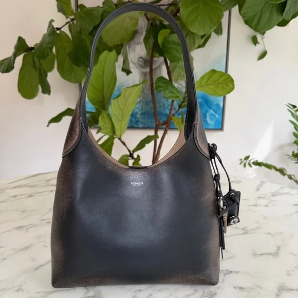 Coach Brooklyn Shoulder Bag 28 In Loved Leather Silver Black Brown CBH44 Ergo - Picture 1 of 16